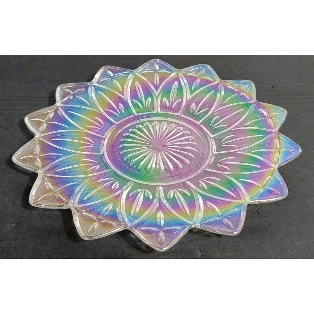Vintage MCM Carnival Glass Federal Clear Iridescent Star Floral Plate Dish 9"